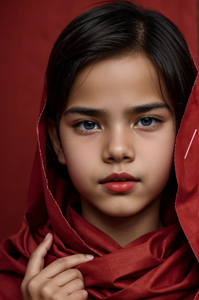 A boy with eyes covered with red cloth and lips covered with red tape