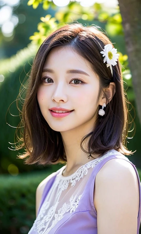 (a beautiful woman, age 33, outdoor morning dawn, wearing a purple see-through dress, White Daisy hair accessories, short disheveled hair, super definition face, fine eyes with double eyelids, dimpled kind smile, beautiful lips, fair skin, super cute and soft face, brown hair, soft toned body, ample round bosom, 8k resolution, super realistic, super definition, highest definition, masterpiece, bokeh_background, SFW)