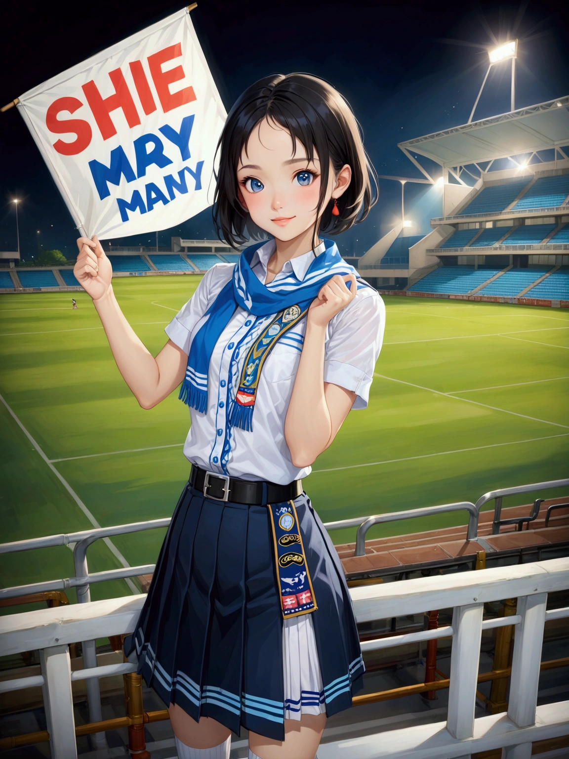 realistic anime of a cute thai high school student, smiling and looking at viewer, and raising a cheer banner at soccer stadium, , (she has black short hair, forehead ), (wearing white short puff sleeve blouse, collared unbuttoned top shirt, navy-blue pleated pencil long skirt with black belt, white socks, black mary-jane shoes), (blue scarf) (1girl, solo, full body), (masterpiece, best quality, expressive eyes, perfect face, japanese anime style)