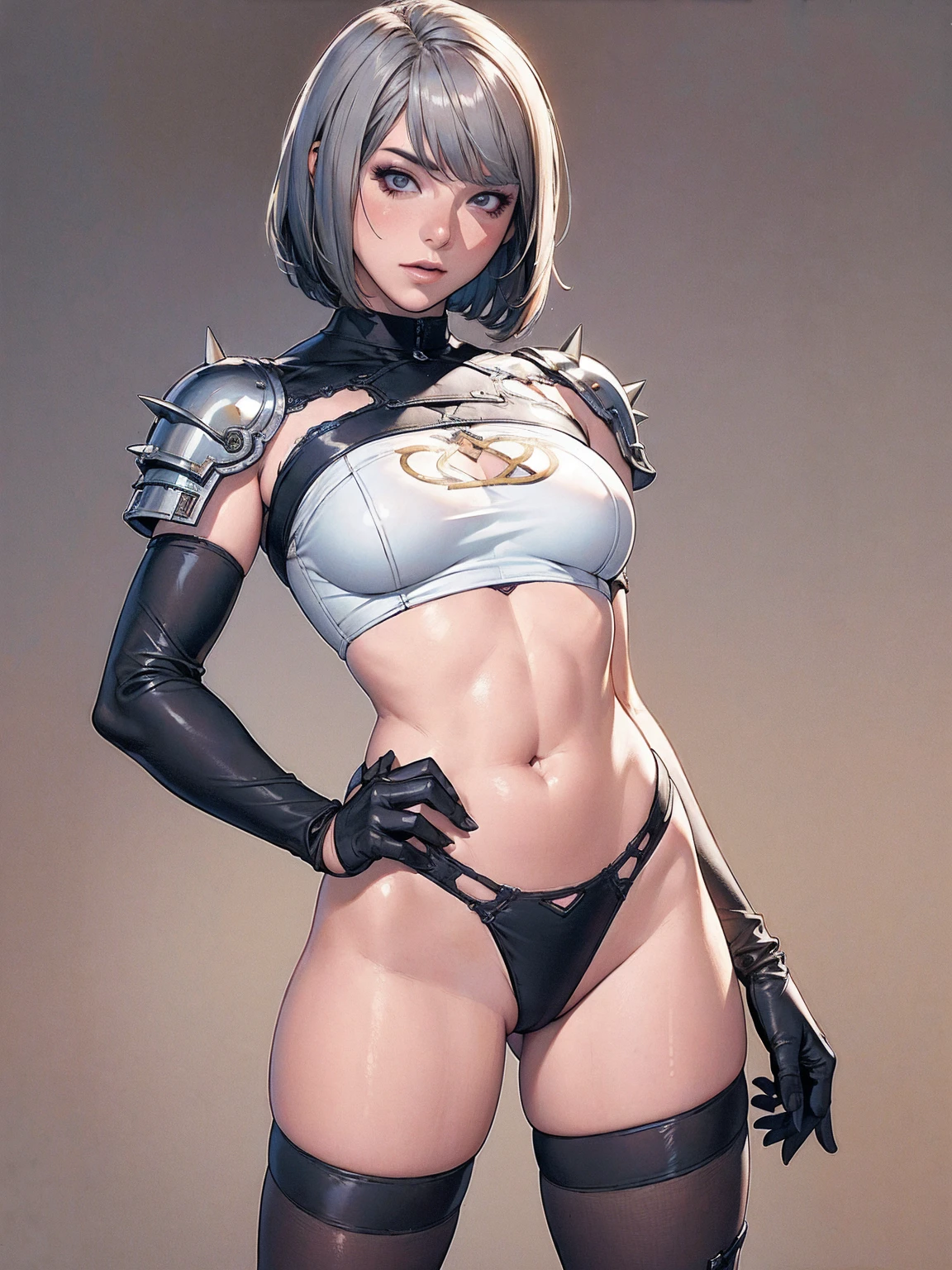 (((Woman))), (((best qualityer))), (((masterpiece))), (((grown-up))), (((1 girl))), ((( bob haircut ))), Uma gladiadora cyberpunk Woman de 25 anos com corpo perfeito, shoulder pads with metal spikes, Brooklyn Gladiators, (( bob haircut )), tiny leather panties, ripped rugby t-shirt, almost naked in Simon Bisley's wild urban style for the cover of Heavy Metal magazine, short blonde hair, Minimal clothing, Metal protection on the left arm with complex graphics, Dark red with white stars and white and navy blue checkered pattern, armour, full of spikes and rivets, (((from the knee up))), short white blonde hair, in the background a wall painted by Shepard Fairey with an intricate design