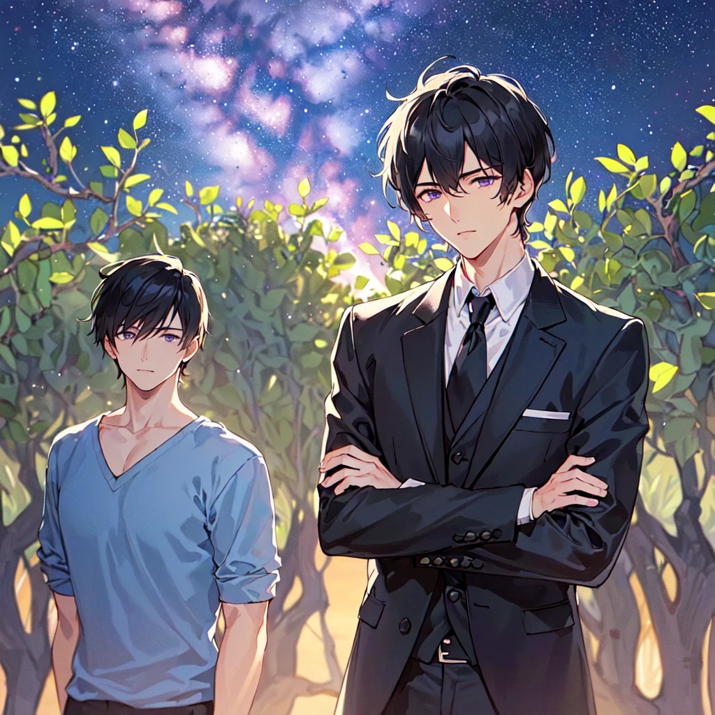 masterpiece,best quality,high quality,(1 male austere handsome solo adult age 30 years old:1.5), purple eyes, cool with suspended eyes, V-shaped eyebrows, body strong and fearless 8.5 head tall, height 185cm, (well-groomed black short hair down to neck:1.4), (bangs 1.4), slender nose, facial muscles, throat, (black suit and pants: 1.3), (stylish pose), (mourning: 1.3), (background olive grove: 1.3), (Milky Way Night Sky: 1.3), (upper body:1.3)