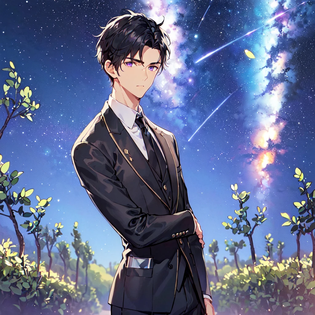 masterpiece,best quality,high quality,(1 male austere handsome solo adult age 30 years old:1.5), purple eyes, cool with suspended eyes, V-shaped eyebrows, body strong and fearless 8.5 head tall, height 185cm, (well-groomed black short hair down to neck:1.4), (bangs 1.4), slender nose, facial muscles, throat, (black suit and pants: 1.3), (stylish pose), (mourning: 1.3), (background olive grove: 1.3), (Milky Way Night Sky: 1.3), (upper body:1.3)