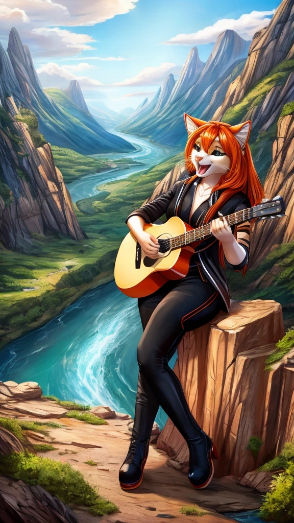 An orange pop singer feline with black stripes singing a song with her guitar on the edge of a mountain with a river in front