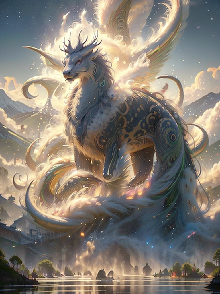 Prompt: Legendary Qilin from Shan Hai Jing, Mythical Creature, Divine Beast, Ancient Oriental Symbol of Prosperity and Good Fortune, Four legs with hooves, scales like dragon, fur like a deer, Mane flowing like flames, iridescent body colors shifting under moonlight, Radiant mane with golden and scarlet hues, A single spiral horn emitting an aura of celestial light, Eyes shining like sapphires, filled with wisdom and serenity, Tail ending with a tuft of feathers akin to a peacock's, Set against a misty, mountainous landscape at dawn, With ancient calligraphy floating around symbolizing its divine status, Rendered in hyper-detailed ultra-high-definition (UHD), Masterpiece quality, cinematic lighting, 8K resolution.