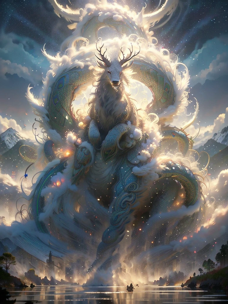 Prompt: Legendary Qilin from Shan Hai Jing, Mythical Creature, Divine Beast, Ancient Oriental Symbol of Prosperity and Good Fortune, Four legs with hooves, scales like dragon, fur like a deer, Mane flowing like flames, iridescent body colors shifting under moonlight, Radiant mane with golden and scarlet hues, A single spiral horn emitting an aura of celestial light, Eyes shining like sapphires, filled with wisdom and serenity, Tail ending with a tuft of feathers akin to a peacock's, Set against a misty, mountainous landscape at dawn, With ancient calligraphy floating around symbolizing its divine status, Rendered in hyper-detailed ultra-high-definition (UHD), Masterpiece quality, cinematic lighting, 8K resolution.