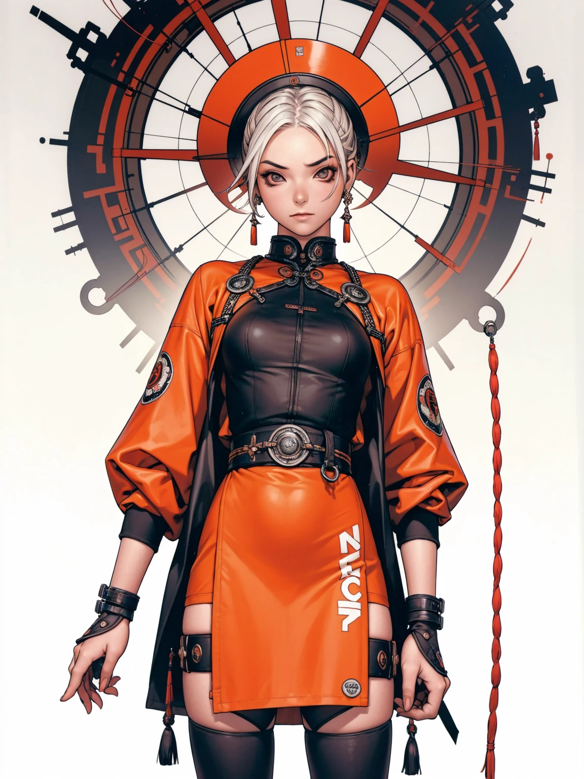 Uma Kizi chinesa com uma roupa tecnológica vermelha com capuz em forma de dragão, scale print, Kizi linda com cabelos negros compridos com franja reta cobrindo toda a testa, slanted eyes with typical Chinese makeup, very white skin, super modern clothes, high collar, long garter ribbon, background with chinese temples, (((best qualityer))), (((manga strokes))), (((white punk hair))), jacket with rivets and screws, uma Kizi jovem muito bem vestida com roupas modernas de inverno, pants with red and black zig-zag pattern, top gift vertical stripes, short jacket with dark fur collar, beautiful and expressive face, slightly-smile, big eyes with long black eyelashes, heavy make-up, chains and zippers spread across clothes, contrasting colours, pose de atitude, hair with a modern and futuristic cut, urban game poster art, dramatic camera angles, graffiti art elements in the background, design mixing contemporary and retro by Shepard Fairey, (((cowboy shot))), (((best qualityer: 1.4))), (Unbeatable masterpiece), (hiper HD),(CG 8k hyper-realistic), Kizi, (((standing alone))), pirralha violent, (((14歳))), sexly, pose de atitude, work of art, post-apocalypse, (((manga style))), bounty hunter, violent, Manic, the way you want, slenderbody, thin but strong, perfectbody, roupa moderna, advanced technology, neon, sleeves with vertical striped pattern, neutral background, (( cowboy shot )). intricate visual