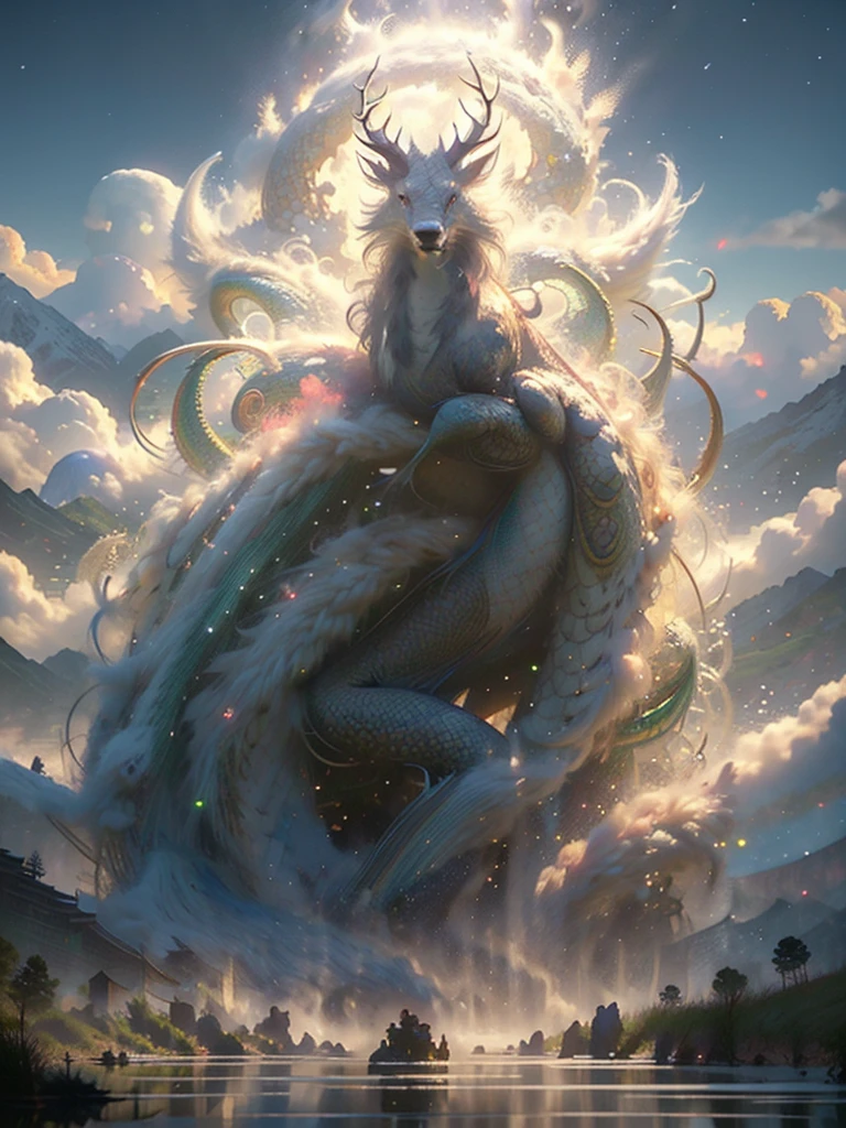 Prompt: Legendary Qilin from Shan Hai Jing, Mythical Creature, Divine Beast, Ancient Oriental Symbol of Prosperity and Good Fortune, Four legs with hooves, scales like dragon, fur like a deer, Mane flowing like flames, iridescent body colors shifting under moonlight, Radiant mane with golden and scarlet hues, A single spiral horn emitting an aura of celestial light, Eyes shining like sapphires, filled with wisdom and serenity, Tail ending with a tuft of feathers akin to a peacock's, Set against a misty, mountainous landscape at dawn, With ancient calligraphy floating around symbolizing its divine status, Rendered in hyper-detailed ultra-high-definition (UHD), Masterpiece quality, cinematic lighting, 8K resolution.