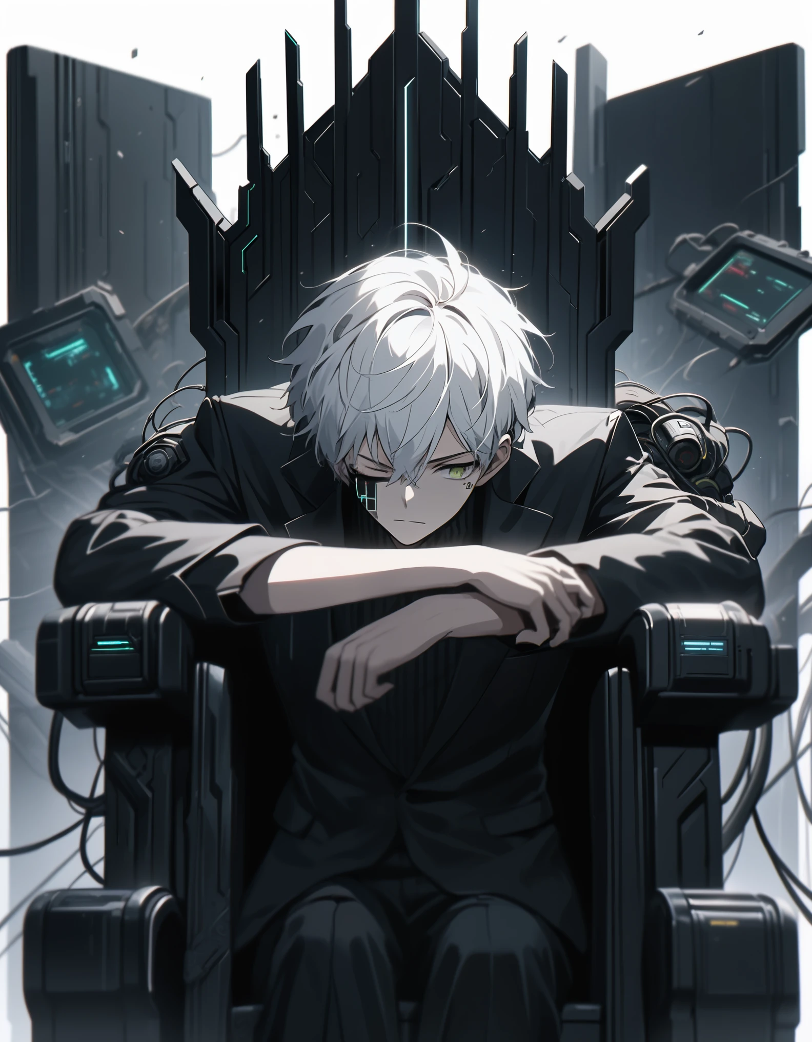 (score_9, score_8_up, score_7_up), zPDXL, 1 man, alone, facing forward, iron chair, black throne, black suit, black stripe on face, one eye closed, arms on sides, white hair, disheveled, cyberpunk, serious and thoughtful face, intimidating, simple background, white background with cables falling down, adult male, looking at the ground, dark aura, (black line on face), (arms resting on throne)