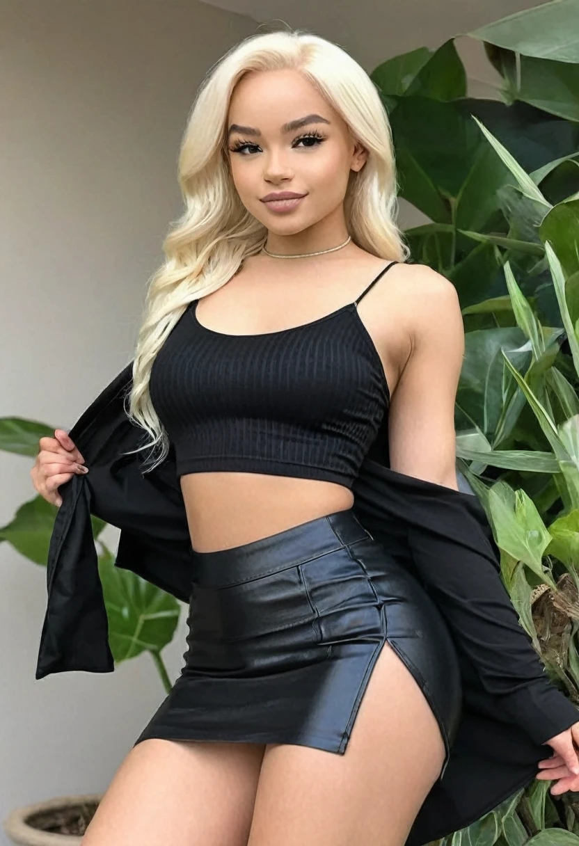 ((high quality:1.2)), (8k), extremely detailed, ((High detail:1.2)), ((best resolution:1.4)), (Elsa Jean), Solo, ((24 years old black Angolan female:1.45)), ((crop top, pencil micro-skirt)), 