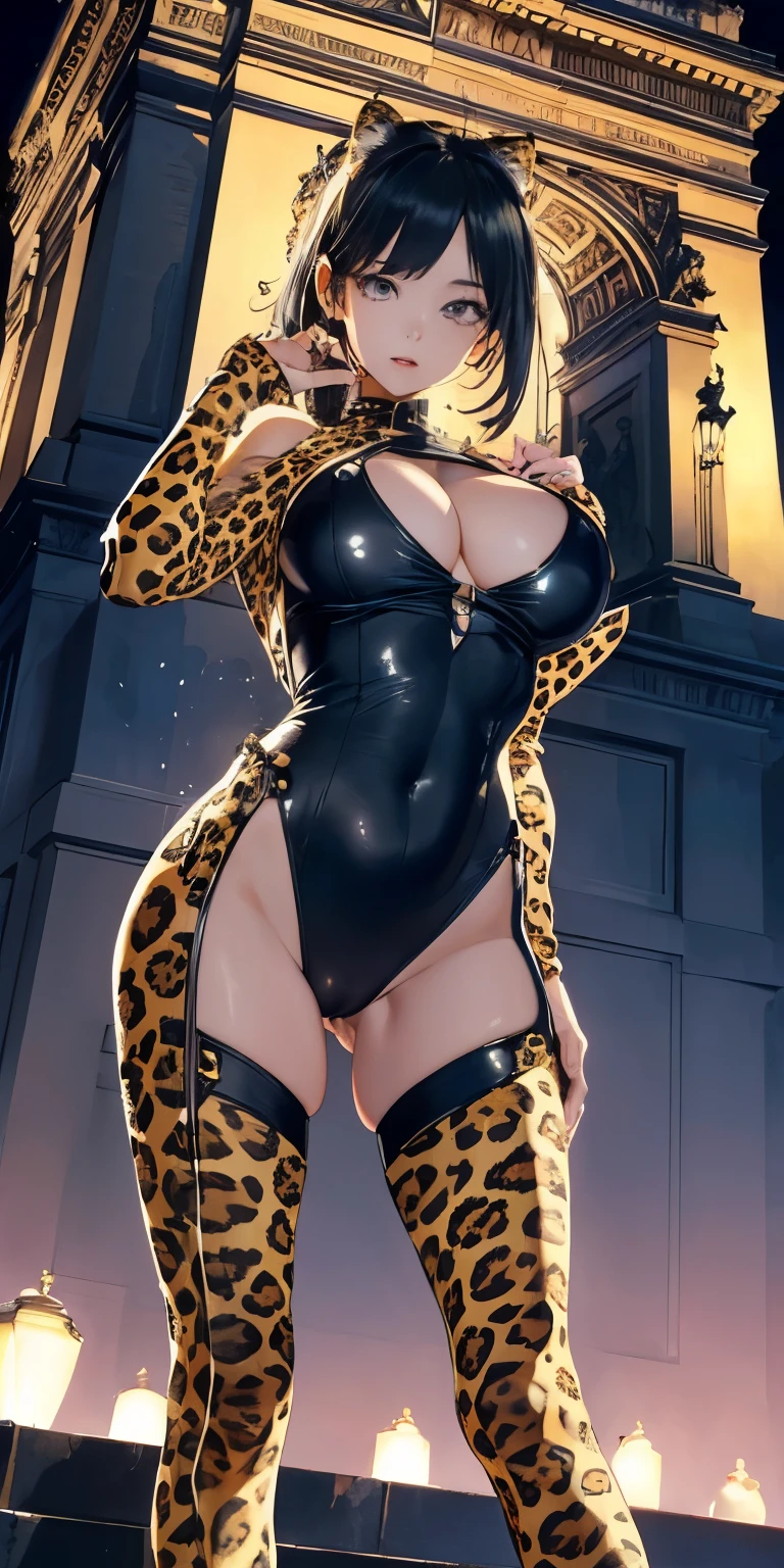 Bigger breasts、Close-up view from the ground、wearing the garterbelt、Realistically、Your breasts will get bigger and your cleavage will get wider、Black Hair、Butt Emphasis、(An open and sexy look in all directions、、((10 year old girl))、、((Wearing a full-body leopard print bodysuit))、Various sexy poses、background (Arc de Triomphe at night)