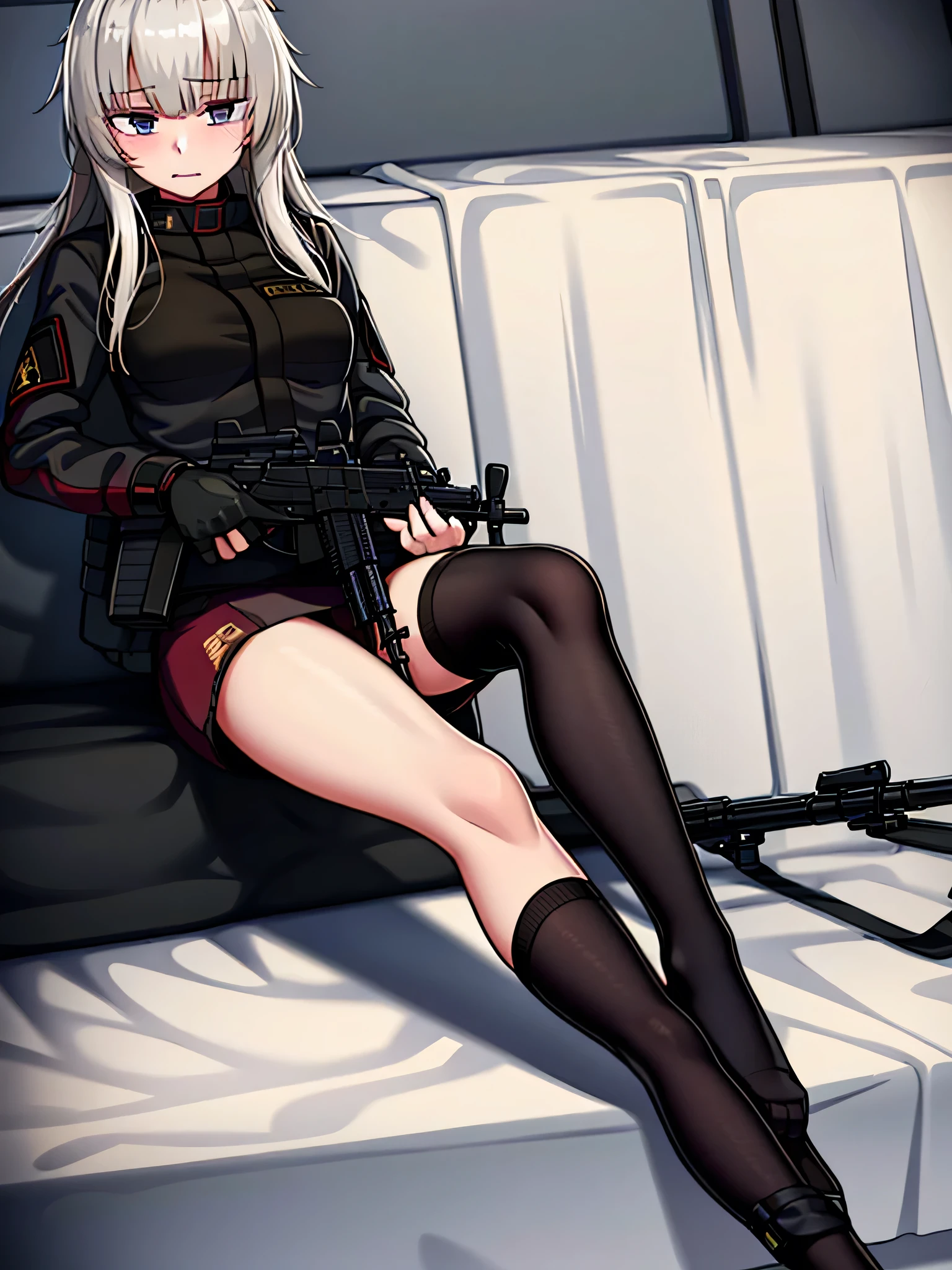 1 girl, AK-74M, submachine gun, walkie-talkie shooting, in a dark warehouse, black clothes, special operations, Spetnaz, Sleeping in bed,