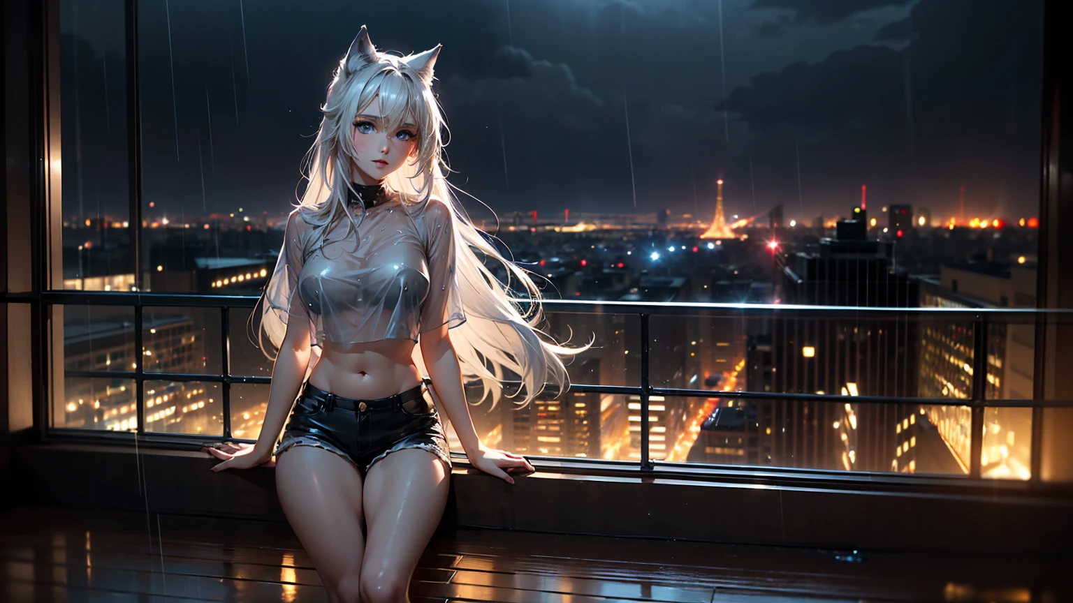 Create a top-quality image of a beautiful 18-year-old wolf girl with long, flowing hair and striking blue eyes. She is wearing a see-through crop top that barely covers her breasts, accentuating her slender, graceful figure. Paired with this, she is dressed in short shorts or sleep shorts that highlight her toned legs.
The girl is seated on a balcony, with the backdrop of a modern city skyline illuminated by city lights. It’s nighttime, and the rain is gently falling, creating a soft, reflective sheen on the balcony floor. Raindrops trickle down the glass railing, adding to the serene and moody ambiance.
She poses in a seductive manner, facing the camera with a captivating gaze. Her expression is both alluring and mysterious, drawing the viewer into the scene. The cozy atmosphere is enhanced by the warm glow of nearby city lights contrasting with the cool, rainy night. Intricate details, such as the texture of her hair, the transparency of her crop top, and the reflections in the raindrops, contribute to the high-quality visual artistry of the image.
The overall ambiance is cozy and alluring, with a perfect blend of modern urban elements and the enchanting presence of the wolf girl.