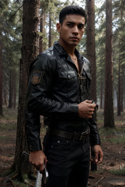 Carlos Oliveira, Teen Wolf, military, 30 years old, military-cut black hair, slim and muscular build, brown eyes, open black military jacket, red short-sleeved shirt with sword print, black hunter belt, black jeans, combat boots black, sword. necklace, forest background with fog