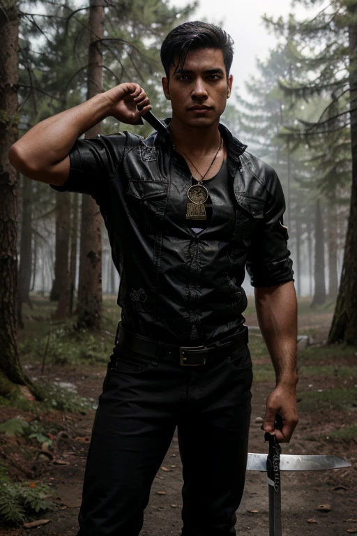 Carlos Oliveira, Teen Wolf, military, 30 years old, military-cut black hair, slim and muscular build, brown eyes, open black military jacket, red short-sleeved shirt with sword print, black hunter belt, black jeans, combat boots black, sword. necklace, forest background with fog