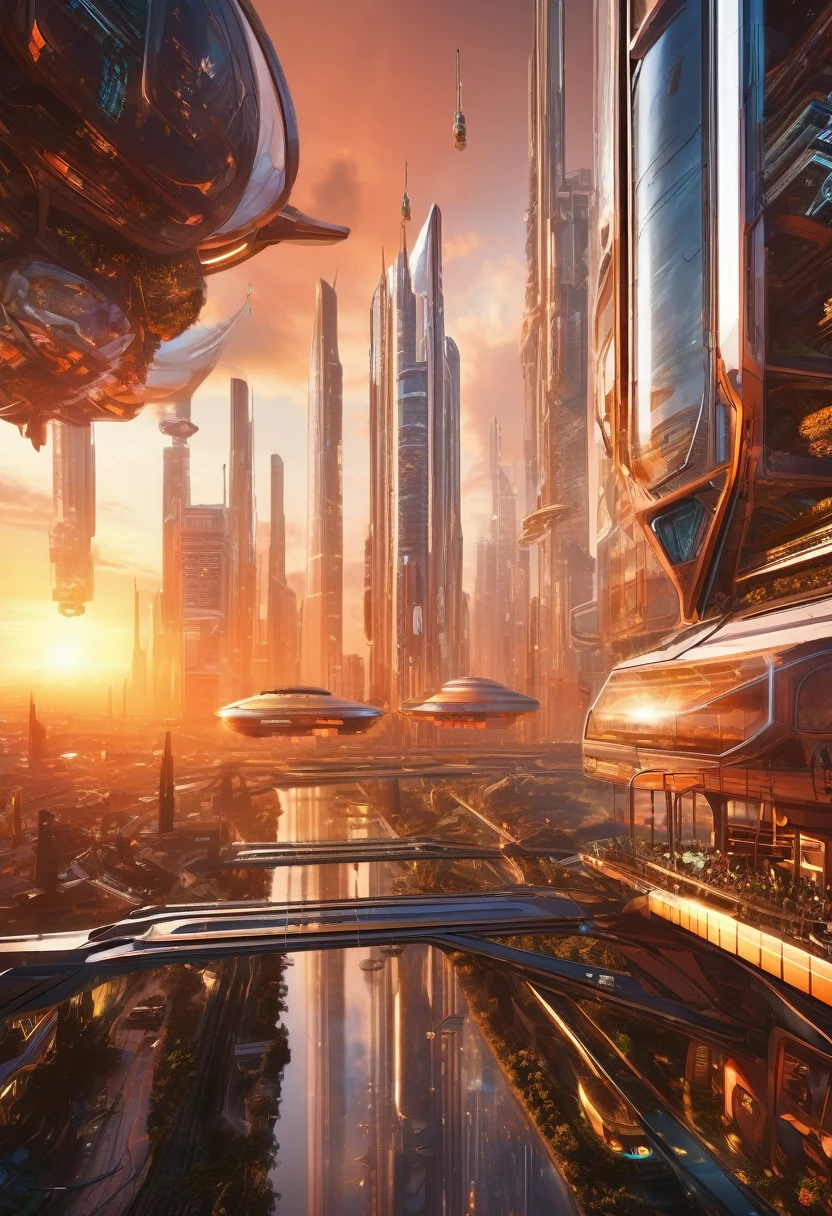 A futuristic city floating in the sky, with glass skyscrapers and shiny metal structures, under an orange sunset. in the sky, elegantly designed spaceships fly overhead while drones illuminate the environment. Not only, people in high-tech clothes walk the streets