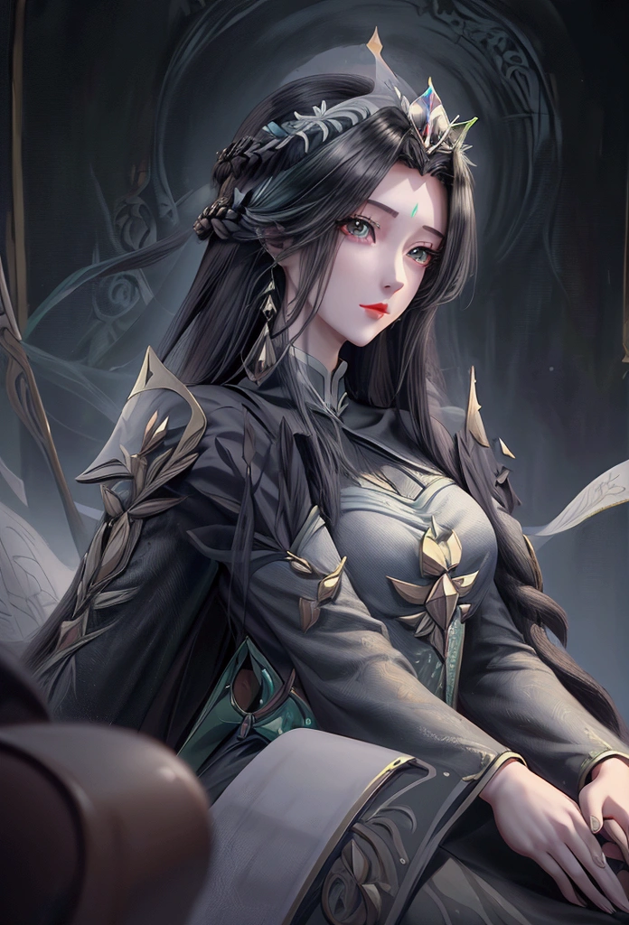 masterpiece, best quality, 1girl, solo, ((mature female)), round pupils, long hair, hair, princess, black dress, fantasy, happy, looking at viewer, cartoon, anime, (oil painting)