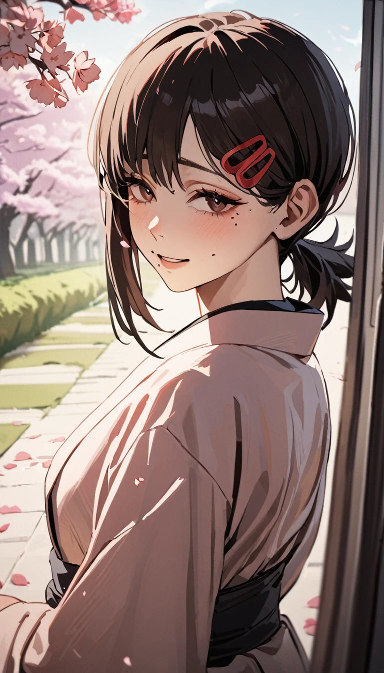 1girl, higashiyama kobeni, wearing kimono, in a cheery blossom park, cherry blossom petals falling in the background, (masterpiece), cinematic, beautiful light, best quality, newest,safe, absurdres, smiling , close eyes, look at camera, tilt head, turn head back