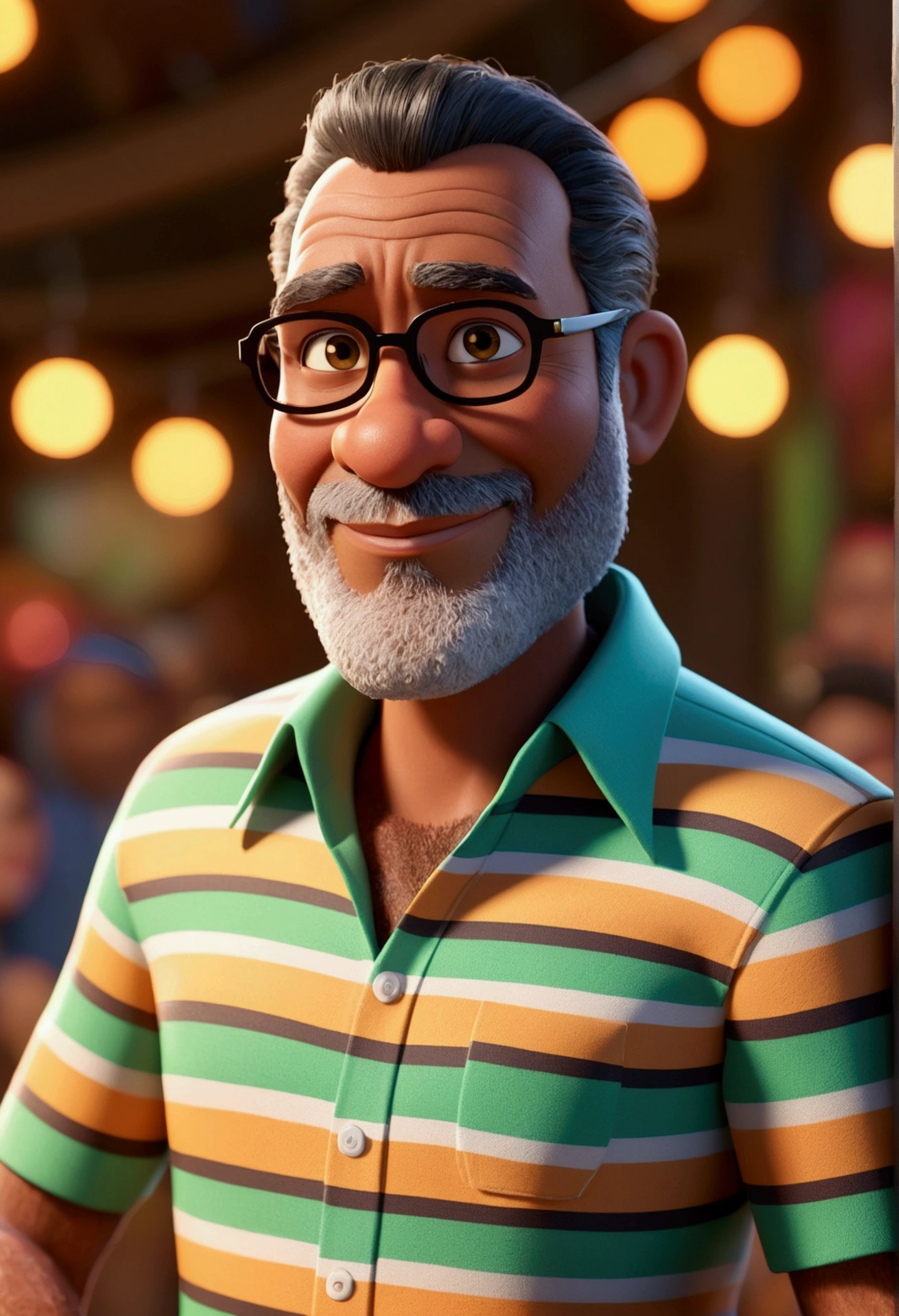 Cartoon character of a 55 year old man with brown skin, short hair and full beard, with striped samba school shirt, animation character, stylized character, animation style rendering, 3d stylized, Arnold Maya rendering, Stylized 3D rendering, toon render screenshot, 3d character, 3d character, Stylized 3D rendering, 3D character rendering, cartoon character, Personagem de close up, character posing, (Pixar-style) (master part:1.2) (bokeh) (best qualityer) (skin detailed) (detailed texture) (8k) (Argilla) (cinematic lighting) (sharp focus)