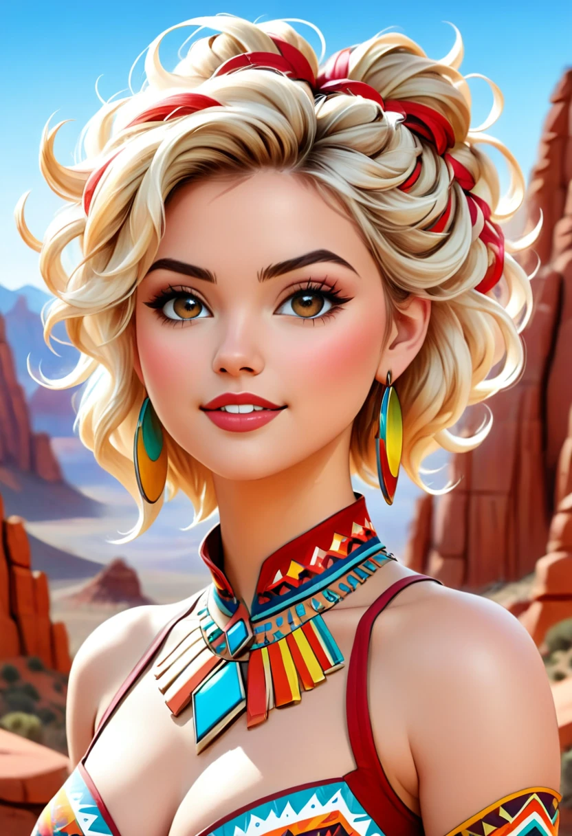 Beautiful boho women stunning merge of Masiela Lusha with colorful southwestern style dress. colorful southwestern earing and. jewelry, blond colored hair that is coarse, wiry, and tightly curled. It often has a rough texture, feels stiff to the touch, and may be prone to frizz and tangling. The curls can be densely packed. cute, girly, sexy. The Official Art – An Award-Winning Digital Masterpiece In 4K Ultra HD, Extreme Detail And Intricate Realism. symmetrical face. This Concept Art Brought To Life By The Hands Of Artists Like Wlop & Artgerm In A Stunning 2D Vector Illustration. large, perky, full, vuluptious, symmetrical and spherical breasts. Background is a beautiful panoramic vista of a red rock canyon.