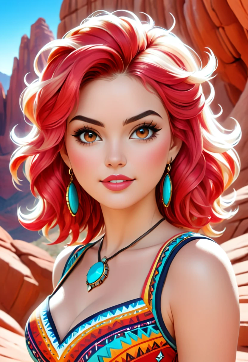 Beautiful boho women stunning merge of Masiela Lusha with colorful southwestern style dress. colorful southwestern earing and. jewelry, blond colored hair that is coarse, wiry, and tightly curled. It often has a rough texture, feels stiff to the touch, and may be prone to frizz and tangling. The curls can be densely packed. cute, girly, sexy. The Official Art – An Award-Winning Digital Masterpiece In 4K Ultra HD, Extreme Detail And Intricate Realism. symmetrical face. This Concept Art Brought To Life By The Hands Of Artists Like Wlop & Artgerm In A Stunning 2D Vector Illustration. large, perky, full, vuluptious, symmetrical and spherical breasts. Background is a beautiful panoramic vista of a red rock canyon.
