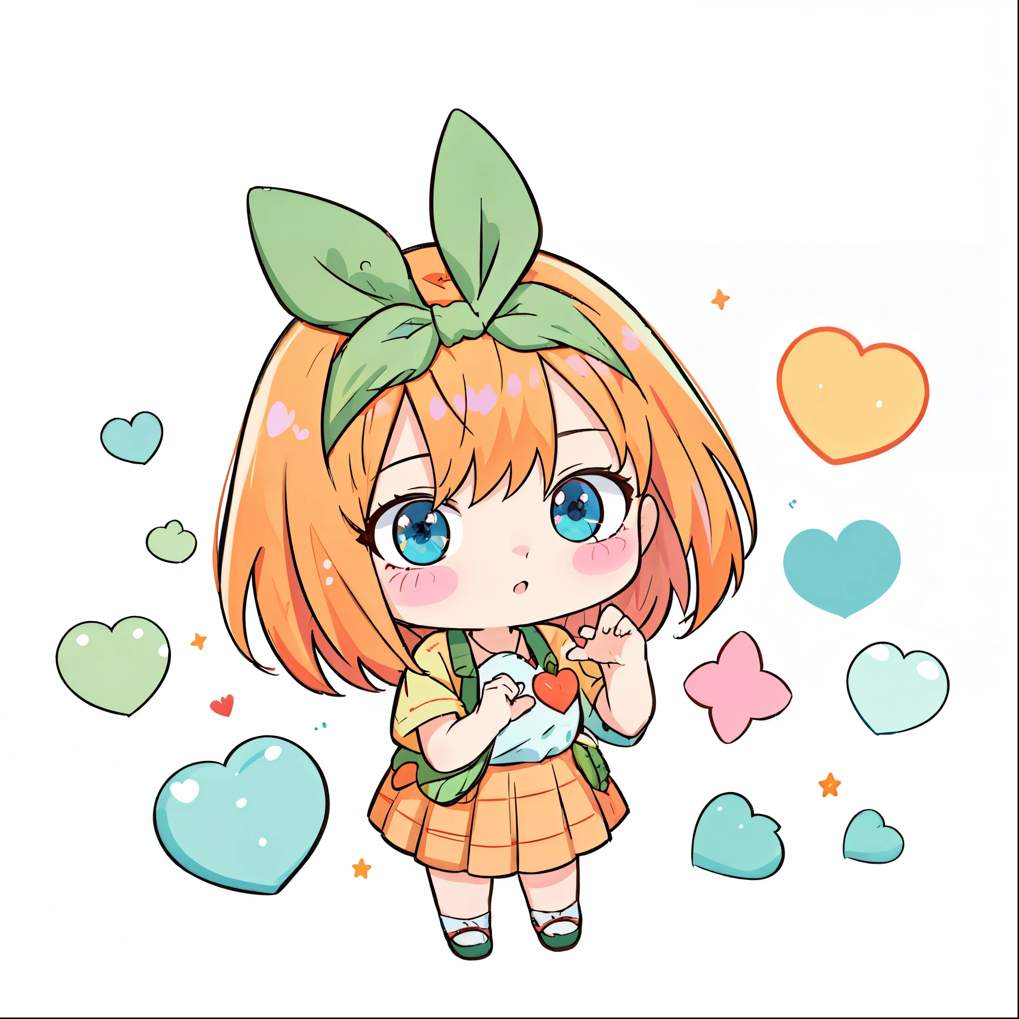 1 sticker, sticker, (cute) , stars, white background, no background, background, minimal, cute, tiny, pastel color, vector style, no gradient, simple stickers, yotsuba nakano head, yotsuba hand heart pose, green ribbon, orange hair, blue ejes, front, big red heart, glowing heart, sweet and cute