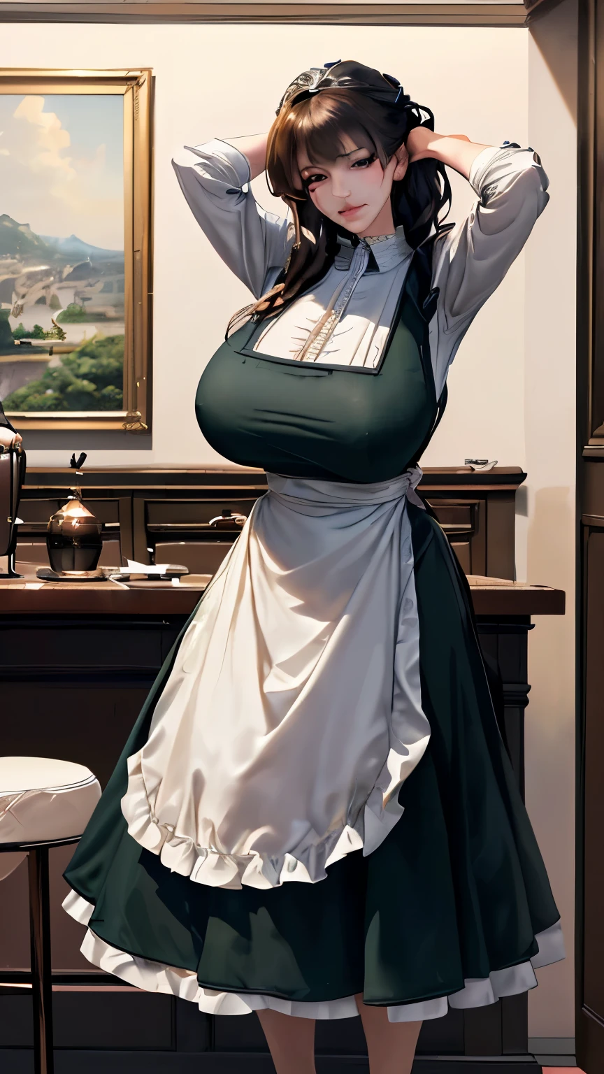 A beautiful maid, massive breasts, best figure, detailed facial features, intricate dress, elegant pose, soft lighting, warm colors, photorealistic, hyperrealistic, extremely detailed, high resolution, 8k, masterpiece