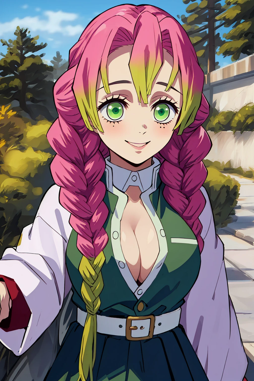 (Masterpiece - Ultra-Detailed, High Resolution) kanroji mitsuri, demon slayer, 1girl, solo, upper body, nature, sky, long hair, smiling, green eyes, pink hair, braid, outdoors, green hair, mole, blurry, twin braids, mole under eye, parody, demon slayer uniform, , cleavage, blink one eye, smilling