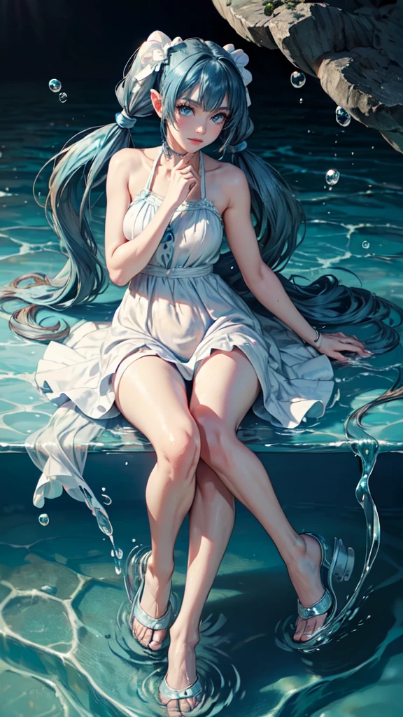 (muste piece), (best quality), very detailed, 1 girl, perfect face, (solo full body shot:1.3), very detailed顔，(blue hair long twin tails:1.5)，(Blue eyes:1.4)，(in water:1.4)，(white dress:1.5)，Ocean，School of small fish，Light，bubble，jellyfish，Ocean Algae，Red fish，Yellow fish，Deep Ocean，fantasy，Ocean bottom，float，(Ocean bottom city:1.4)，smile:1.3,egance,graceful poses.full body,detailed eyes, detailed hands, detailed eyes, elf woman
v