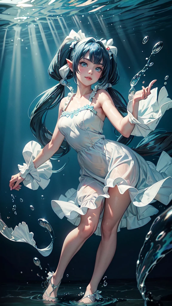 (muste piece), (best quality), very detailed, 1 girl, perfect face, (solo full body shot:1.3), very detailed顔,(blue hair long twin tails:1.5),(Blue eyes:1.4),(in water:1.4),(white dress:1.5),Ocean,School of small fish,Light,bubble,jellyfish,Ocean Algae,Red fish,Yellow fish,Deep Ocean,fantasy,Ocean bottom,float,(Ocean bottom city:1.4),smile:1.3,egance,graceful poses.full body,detailed eyes, detailed hands, detailed eyes, elf woman
v