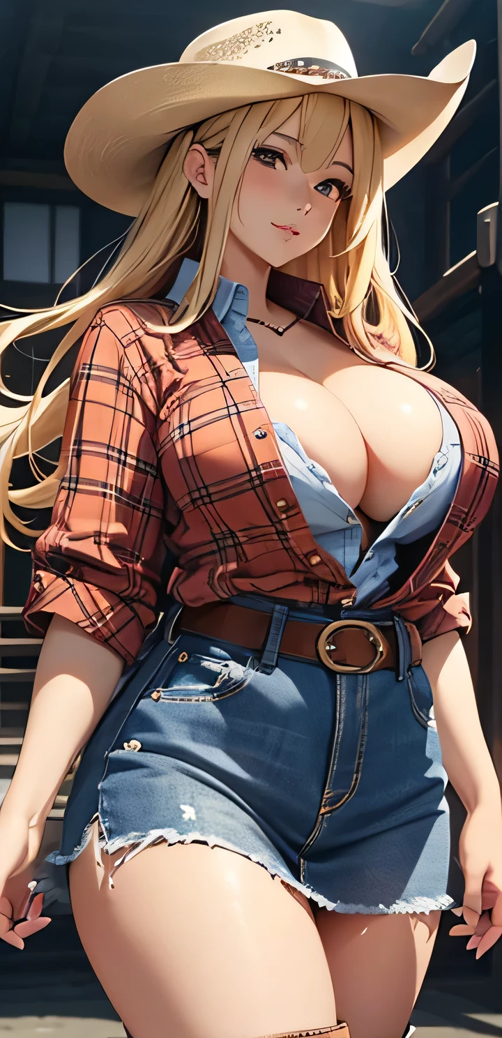beautiful detailed 25 years old female japanese, wearing Cowgirl Outfit: A western-themed outfit with a plaid shirt, denim skirt, and cowboy boots, beautiful face, shiny white skin, blonde hair, slender, ultra large saggy breasts, massive cleavage exposed, cowboy town background