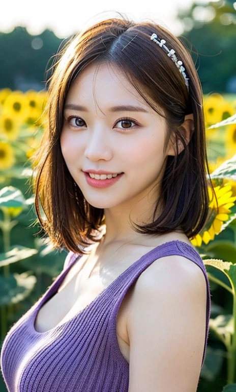 (a beautiful woman, age 33, windy morning at sunflower field, wearing tight knit purple dress, White Daisy hair accessories, short disheveled hair, super definition face, fine eyes with double eyelids, dimpled kind smile, beautiful lips, fair skin, super cute and soft face, brown hair, soft toned body, ample round bosom, 8k resolution, super realistic, super definition, highest definition, masterpiece, bokeh_background, SFW, sunrays)