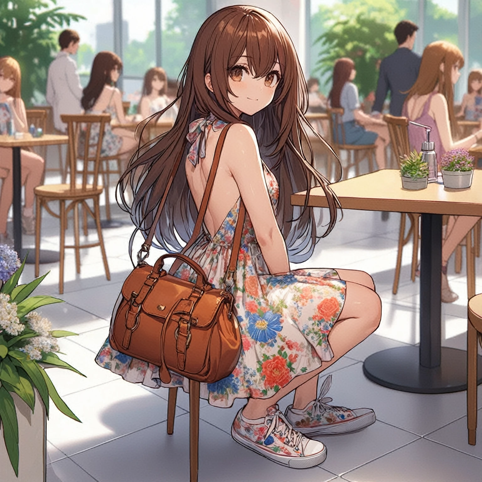 masterpiece, best quality, perfect features, intricate details, ray tracing, illustration,1girl, very long brown hair, long hair, swept bangs, brown eyes, floral halter neck sundress, sneakers, toned arms, small breasts, sitting, desk, chair, hand on own chin, from side, looking at viewer, light smile, window, floating hair, sunbeam, depth of field ,