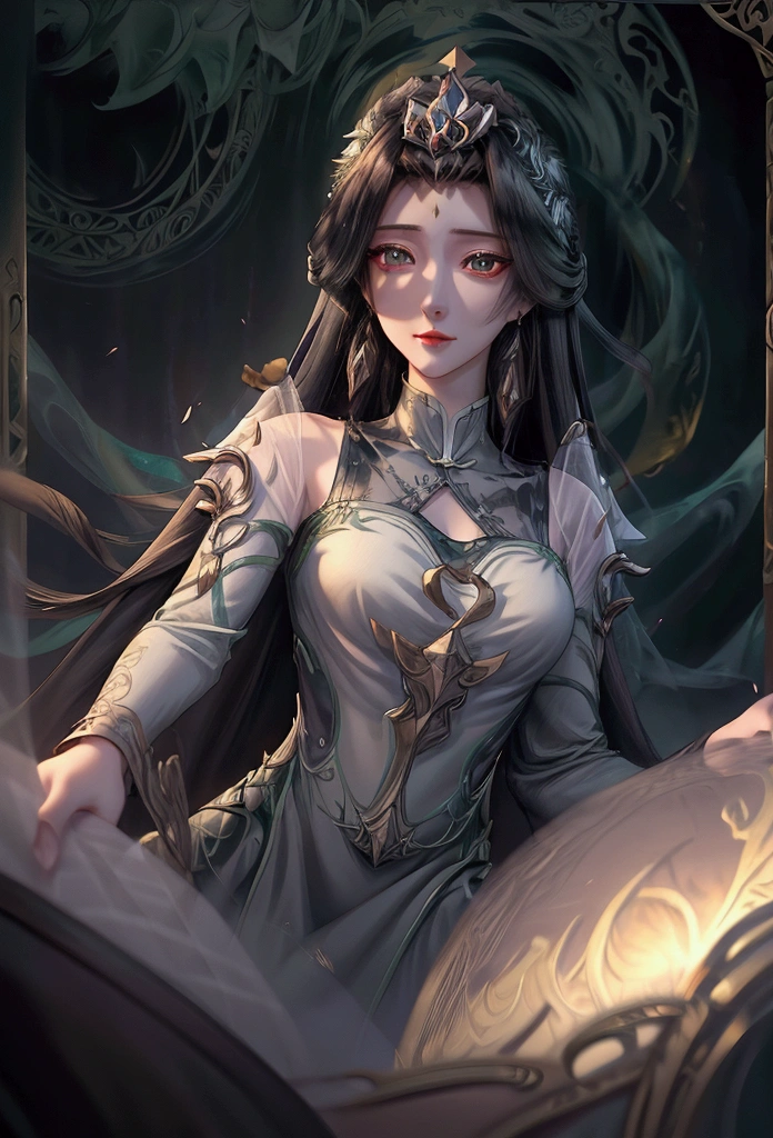 masterpiece, best quality, 1girl, solo, ((mature female)), round pupils, long flowing hair, black dress, princess, fantasy, happy expression, looking at viewer, anime-style, oil painting, detailed face, intricate details, vibrant colors, dramatic lighting, atmospheric background, dreamlike quality