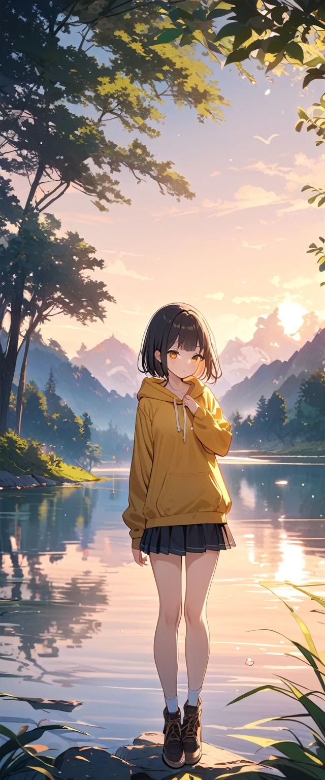 (1 girl),(Best Picture Quality, 8K, Masterpiece:1.3), (Middle school students:1.5), ((yellow beige lob hair:1.1)), (bob cut),(blunt bangs:1.3), (cute eyes, pupil black, iris orange, youthful face),(standard weight), (small breasts), (glistening skin:1.2),(pale skin:1.2),(yellow simple hoodie),(mini skirt),BREAK standing by a misty lake, surrounded by a mystical forest, BREAK morning light, soft and ethereal, illuminating the scene, BREAK springtime, fresh greenery and blooming flowers, BREAK soft pastel colors, BREAK long shot, showing the girl and the entire scene, BREAK looking at the lake, BREAK tranquil and serene atmosphere,(summer season).(magnificent view:1.2).