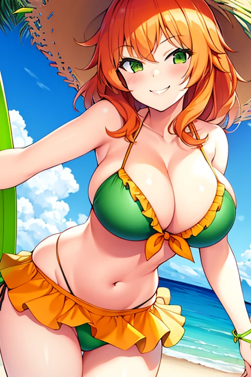 1girl, large breasts, orange hair, medium hair, green eyes, green bikini, bikini, hourglass figure, smile, smirk, smug, beach,, bikini skirt, frilled bikini, ((green bikini))