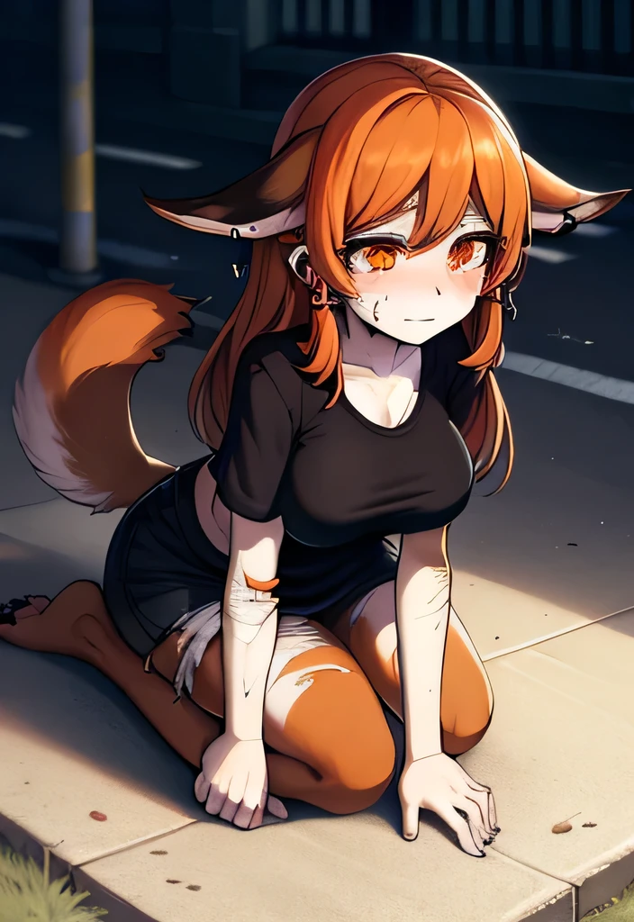 Milf abandoned on the street alone sad lying on the floor,old clothing,kneeling ,patas(velues的), (brown fur),Long Earings,brown ears, orange eyes, medium hair, medium breasts, dark brown elements on leather, bright t-shirt, super fine hair, Fluffy tail,black andwhite,scared,desperate,covered in scars,Injured,dark environment,dark environment no chão,under,tears,tying,bleeding,velues,ask for help,