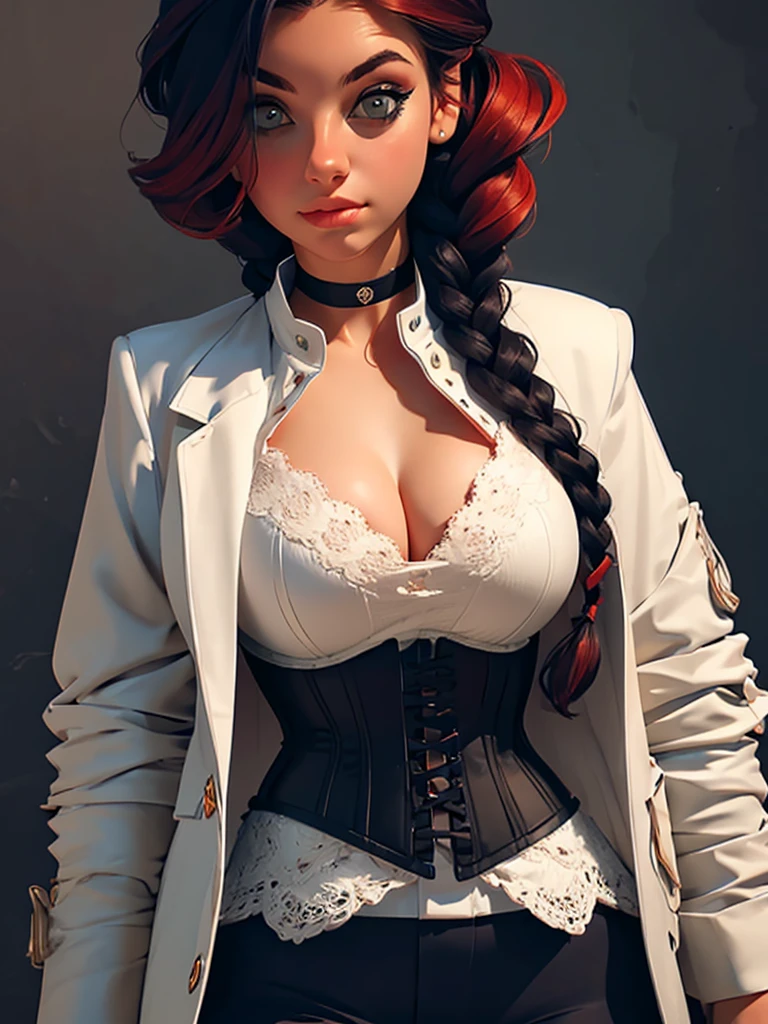 1girl, portrait of beautiful lobapex, athletic, white jacket, corset, skirt, pants, black hair, red hair, braids, makeup, choker, cleavage, wide hips, volumetric lighting, best quality, masterpiece, intricate details, tonemapping, sharp focus, hyper detailed, trending on Artstation, realistic  