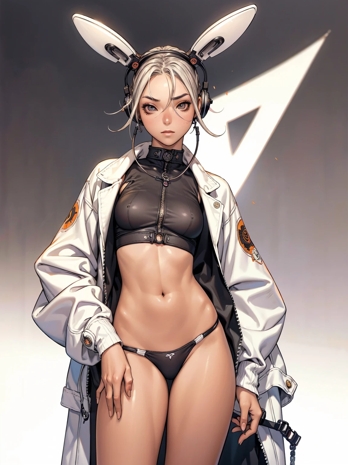 (best qualityer))), (((manga strokes))), (((Headphones))), Bunny ears and Googles on the forehead, (((tiny thong shorts))), uma Kizi jovem muito bem vestida com roupas modernas de inverno, short top, short jacket with dark fur collar, beautiful and expressive face, slightly-smile, big eyes with long black eyelashes, heavy make-up, chains and zippers spread across clothes, contrasting colours, pose de atitude, hair with a modern and futuristic cut, urban game poster art, dramatic camera angles, graffiti art elements in the background, design mixing contemporary and retro by Shepard Fairey, (((cowboy shot))), (((best qualityer: 1.4))), (Unbeatable masterpiece), (hiper HD),(CG 8k hyper-realistic), Kizi, (((standing alone))), pirralha violent, ((())), sexly, pose de atitude, work of art, post-apocalypse, (((manga style))), bounty hunter, violent, Manic, the way you want, slenderbody, thin but strong, perfectbody, roupa moderna, advanced technology, neon, sleeves with vertical striped pattern, neutral background, (( cowboy shot )). intricate visual