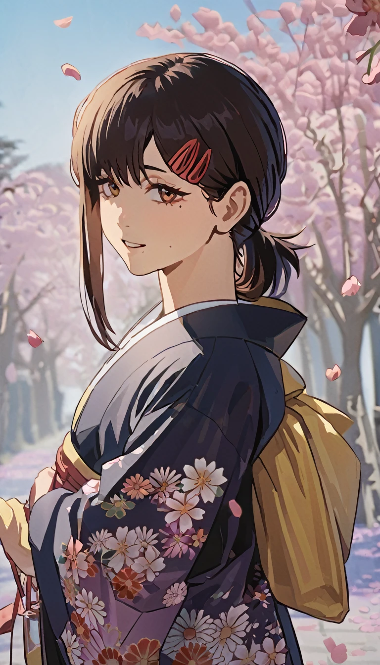 1girl, higashiyama kobeni, wearing kimono, in a cheery blossom park, cherry blossom petals falling in the background, (masterpiece), cinematic, beautiful light, best quality, newest,safe, absurdres, smiling , close eyes, look at camera, tilt head, turn head back