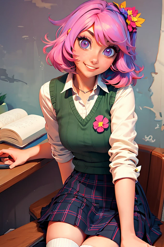 ph momo, momohd, phmomo, solo, 1girl, pink hair, purple eyes, short hair, hair flower, sweater vest, , big eyes, plaid skirt, black thighhighs, sign, embarrassed