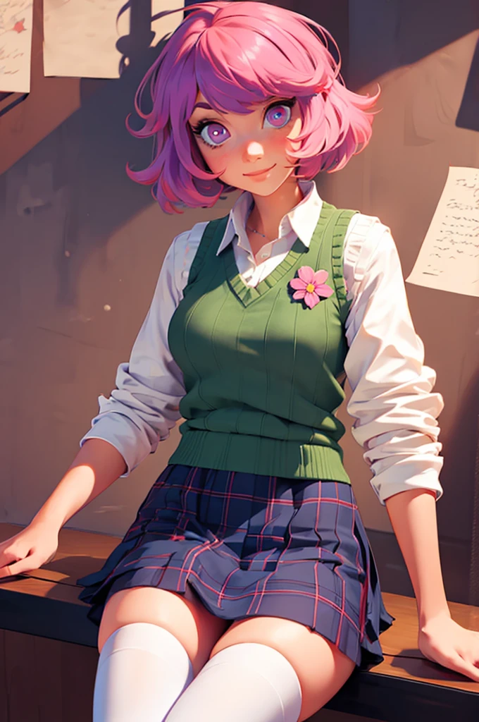 ph momo, momohd, phmomo, solo, 1girl,  pink hair, purple eyes, short hair, hair flower, sweater vest, , big eyes, plaid skirt, black thighhighs,making peace sign, embarrassed