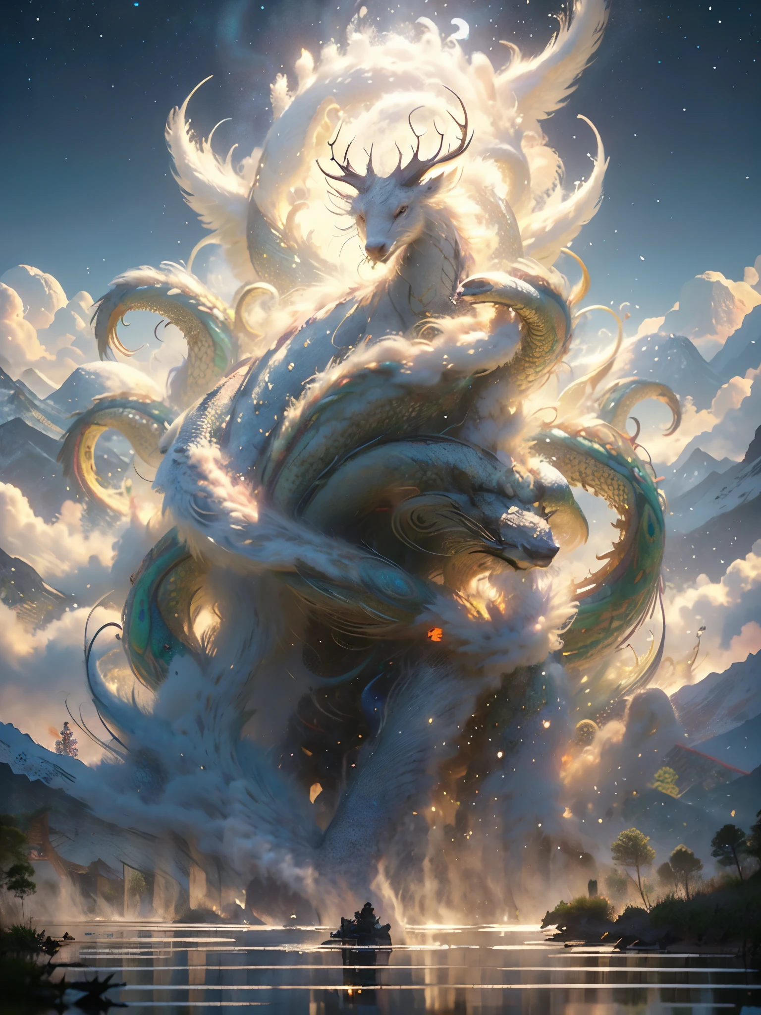 Prompt: Legendary Qilin from Shan Hai Jing, Mythical Creature, Divine Beast, Ancient Oriental Symbol of Prosperity and Good Fortune, Four legs with hooves, scales like dragon, fur like a deer, Mane flowing like flames, iridescent body colors shifting under moonlight, Radiant mane with golden and scarlet hues, A single spiral horn emitting an aura of celestial light, Eyes shining like sapphires, filled with wisdom and serenity, Tail ending with a tuft of feathers akin to a peacock's, Set against a misty, mountainous landscape at dawn, With ancient calligraphy floating around symbolizing its divine status, Rendered in hyper-detailed ultra-high-definition (UHD), Masterpiece quality, cinematic lighting, 8K resolution.