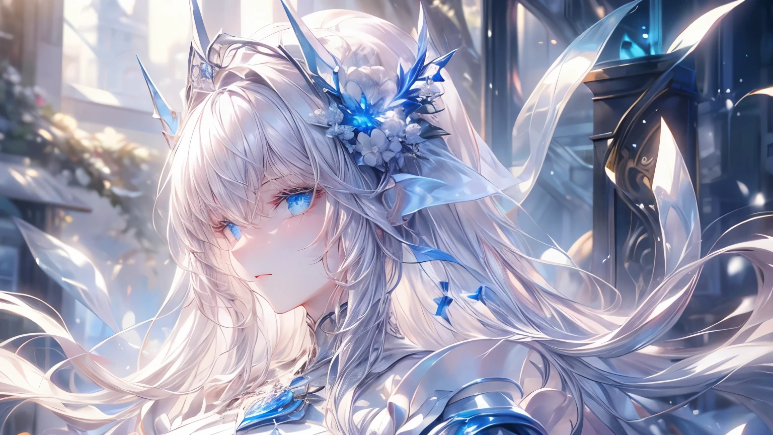 White hair girl, beautiful detailed eyes, pale skin, flowing white hair, elegant pose, fantasy setting, soft lighting, ethereal atmosphere, mesmerizing gaze, delicate features, porcelain-like complexion, long white hair cascading down her back, intricate braids adorned with flowers, silver crown on her head, sparkling snowflakes falling around her, snow-covered landscape, shimmering blue dress, graceful movement, dreamlike aura, enchanting beauty, enchanted forest, surreal color palette, delicate snowflakes melting on her fingertips, frozen breath in the air, winter wonderland scenery, magical glow surrounding her, serene expression, captivating presence, subtle hints of blue and silver, soft rays of sunlight filtering through the trees, tranquility and peace in her presence, icy blue eyes reflecting the beauty of her surroundings, dreamy and otherworldly atmosphere, a touch of mystery, artistic masterpiece, high resolution details, stunning portrait, portrait in a fairytale world.