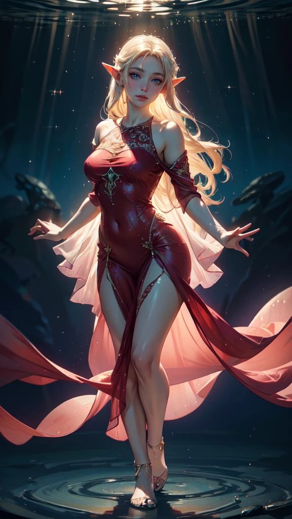 (fullbody shot:1.2), (a girl wearing) a transparent wine red dress resembling a jellyfish,(best quality,4k,8k,highres,masterpiece:1.2),ultra-detailed,ethereal lighting,flowing fabric effect,vivid colors,glowing jellyfish-like patterns,underwater scenery,cerulean blue tones,delicate ripples and movements,hauntingly beautiful,(realistic,photorealistic,photo-realistic:1.37),dreamlike atmosphere,sparkling rays of sunlight,subtle reflections,soft focus,sublime elegance,graceful poses.full body,detailed eyes, detailed hands, detailed eyes, elf woman