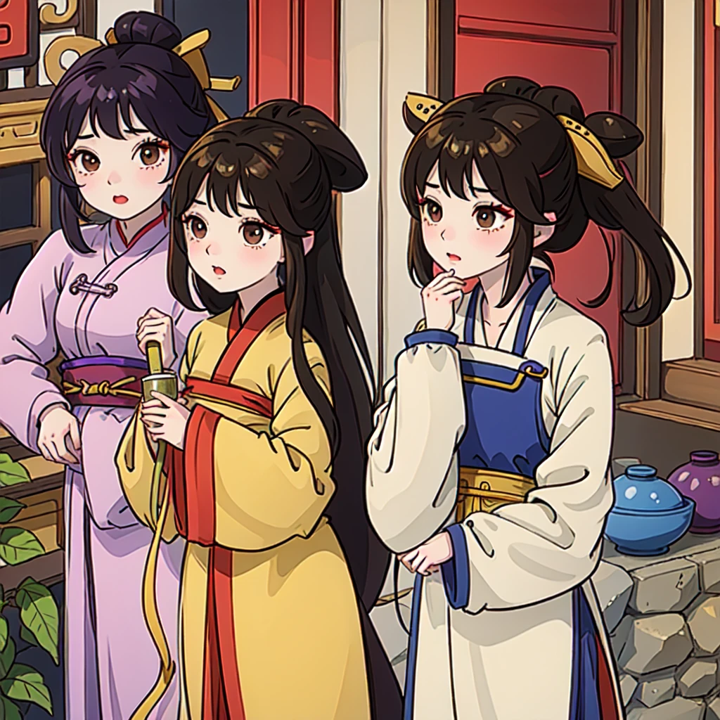 ( Best Quality, ancient china, Two Girl) 1 girl; long hair tied in two tomatoes, Brown hair , purple eyes, pastel yellow chinese long dress. 2; short loose black hair, gold eyes, pastel yellow chinese long tunic
