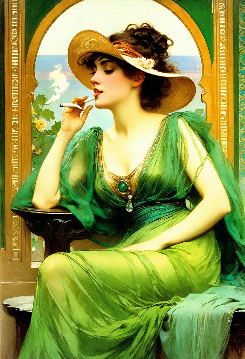 painting of a woman smoking a cigarette in a green dress, art of edouard bisson, albert lynch, alphonse mucha magali villeneuve, by Gaston Bussière, hans zatzka, vittorio matteo corcos, inspired by Gaston Bussière, by Eugene von Guerard, hans zatska, romantic era painting