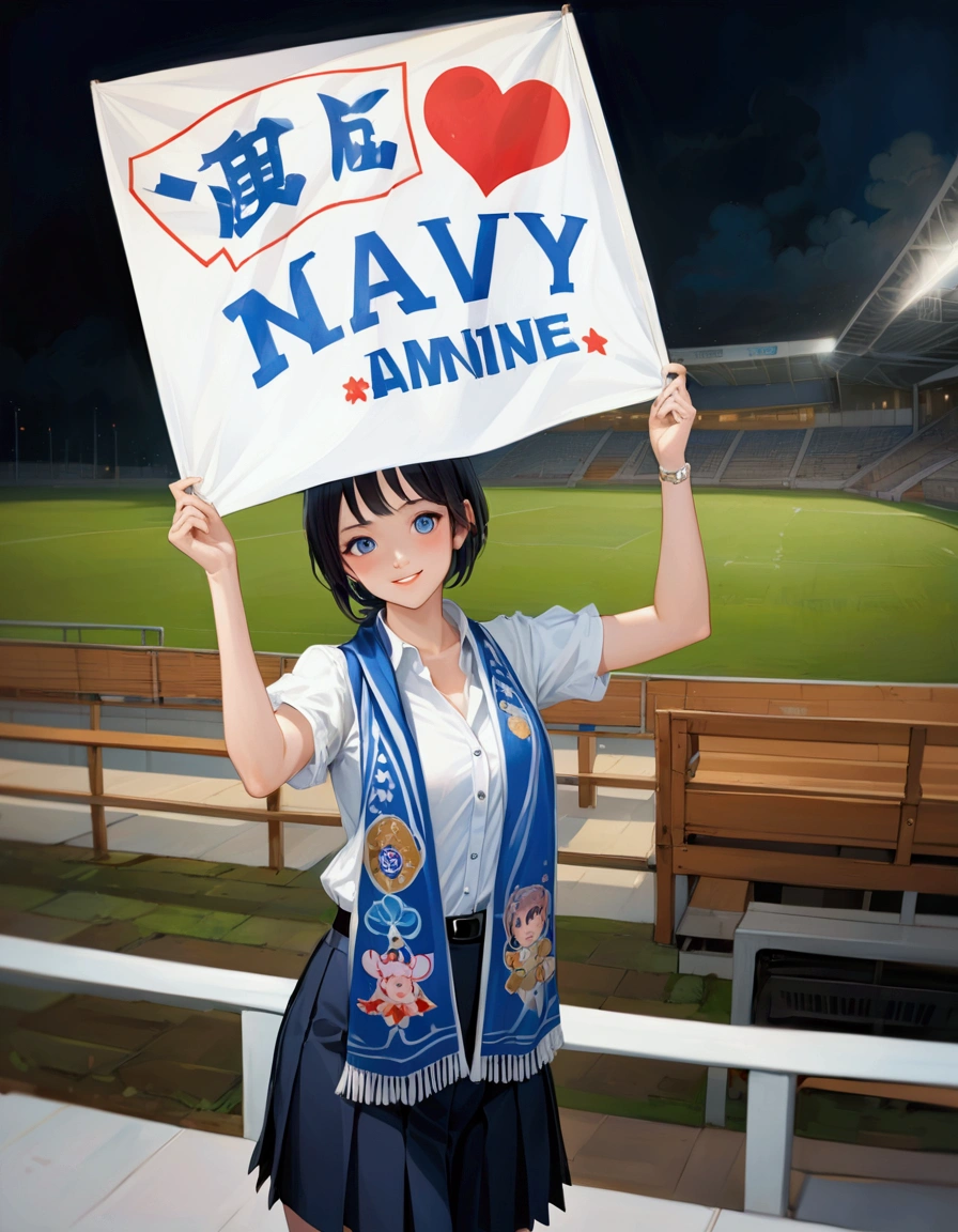realistic anime of a cute thai high school student, smiling and looking at viewer, and raising a cheer banner at soccer stadium, , (she has black short hair, forehead ), (wearing white short puff sleeve blouse, collared unbuttoned top shirt, navy-blue pleated pencil long skirt with black belt, white socks, black mary-jane shoes), (blue scarf) (1girl, solo, full body), (masterpiece, best quality, expressive eyes, perfect face, japanese anime style)