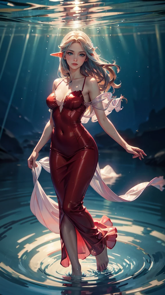 (fullbody shot:1.2), (a girl wearing) a transparent wine red dress resembling a jellyfish,(best quality,4k,8k,highres,masterpiece:1.2),ultra-detailed,ethereal lighting,flowing fabric effect,vivid colors,glowing jellyfish-like patterns,underwater scenery,cerulean blue tones,delicate ripples and movements,hauntingly beautiful,(realistic,photorealistic,photo-realistic:1.37),dreamlike atmosphere,sparkling rays of sunlight,subtle reflections,soft focus,sublime elegance,graceful poses.full body,detailed eyes, detailed hands, detailed eyes, elf woman
