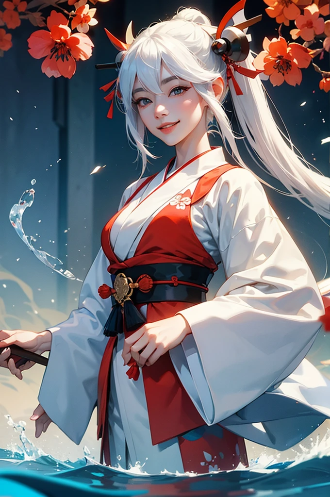 A beautiful woman in a white kimono, smiling fearlessly, as a Japanese onmyoji holds a talisman and manipulates water