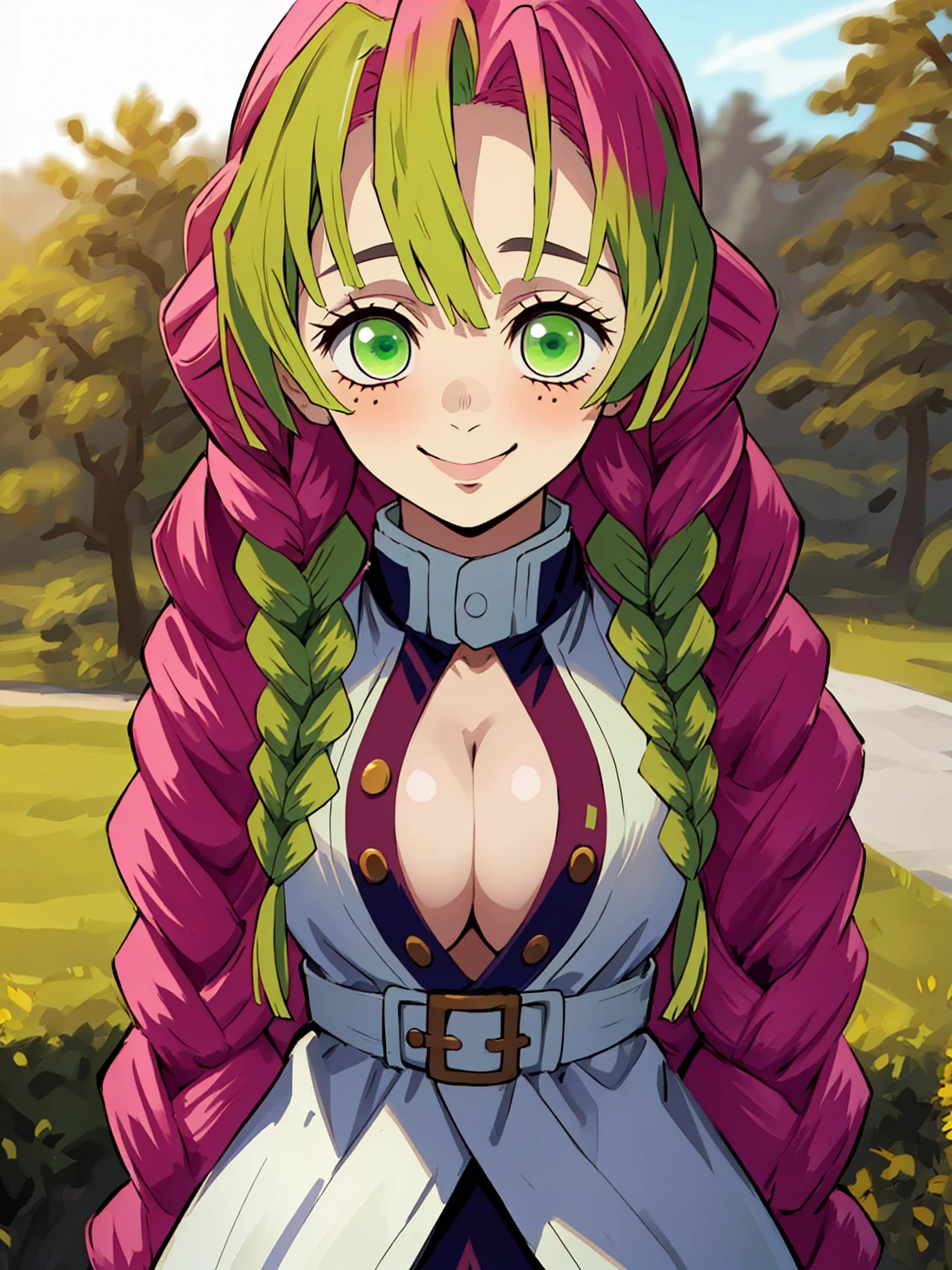 (Masterpiece - Ultra-Detailed, High Resolution) kanroji mitsuri, demon slayer, 1girl, solo, upper body, long hair, smiling, green eyes, pink hair, braid, outdoors, green hair, mole, blurry, twin braids, mole under eye, parody, demon slayer uniform, big breasts, cleavage, blink one eye, smilling